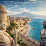 Panoramic view of Reggio Calabria featuring the Aragonese Castle, Riace Bronzes, Falcomatà Promenade, and the Strait of Messina with Mount Etna in the background part of the Reggio Calabria travel guide.